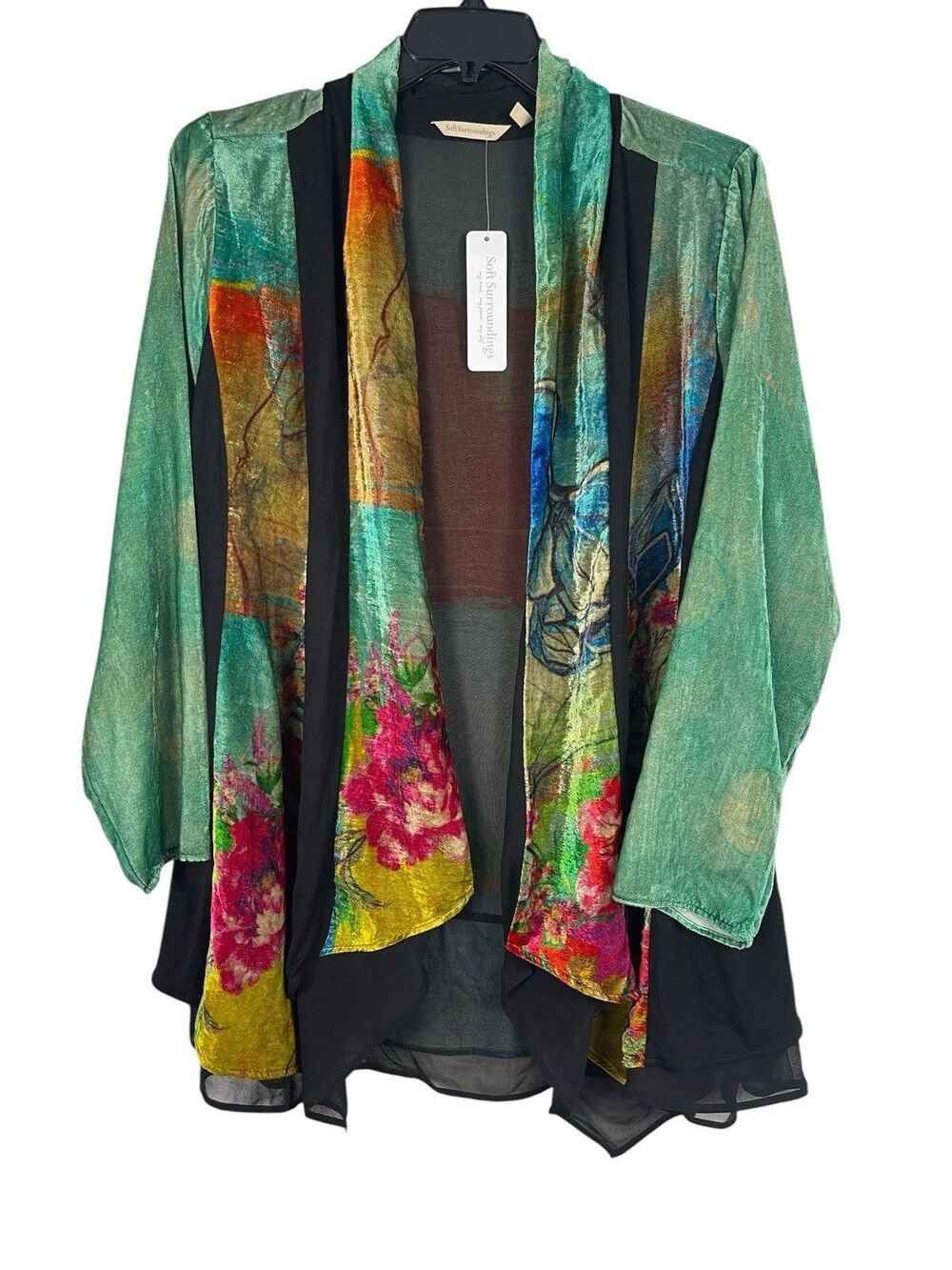 Soft Surroundings Velvet Sheer Open Front Colorful Artsy Tunic Cardigan1X NWT